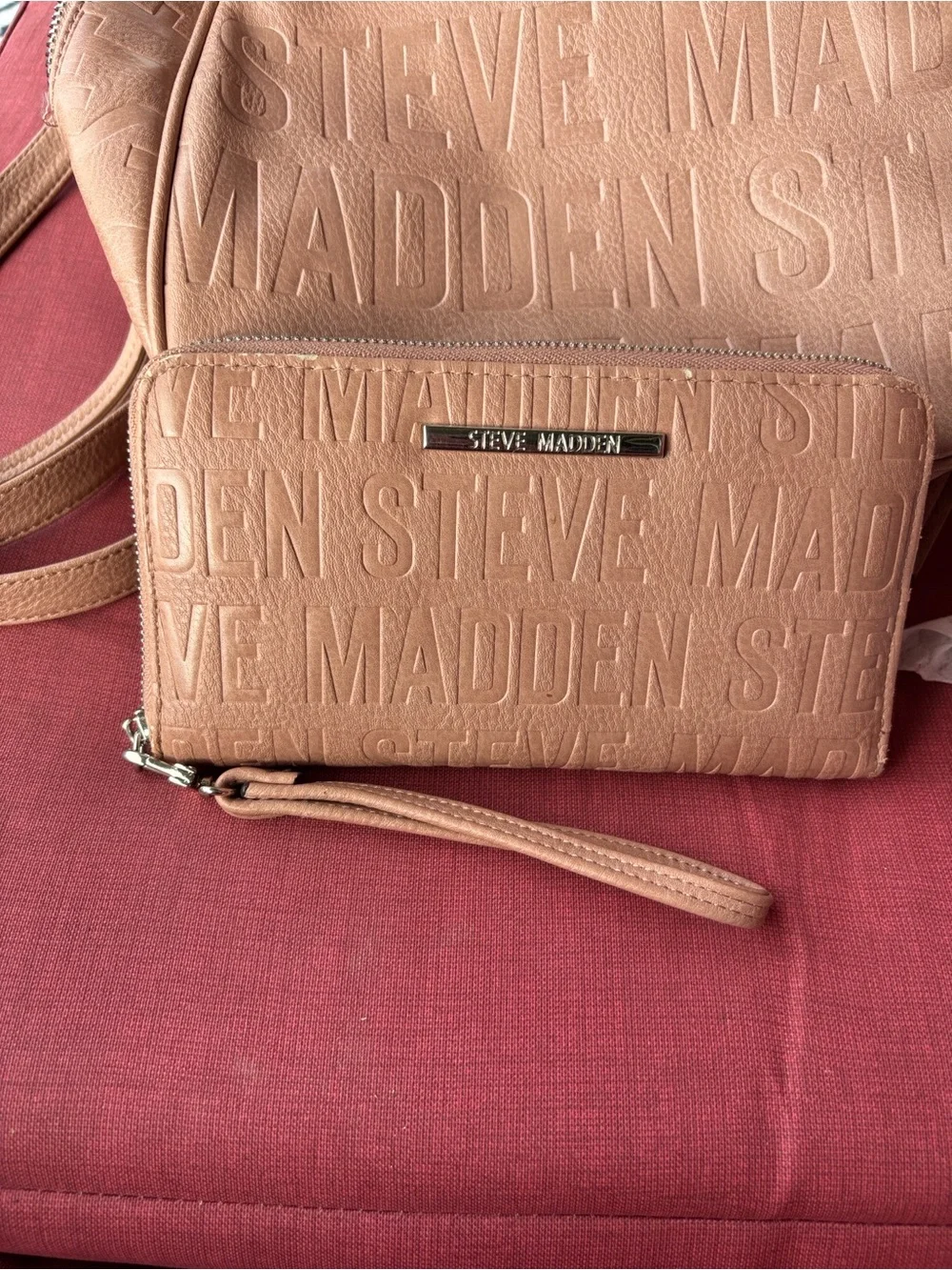 Steve Madden Dusty Pink Embossed Logo Backpack and Wallet Set